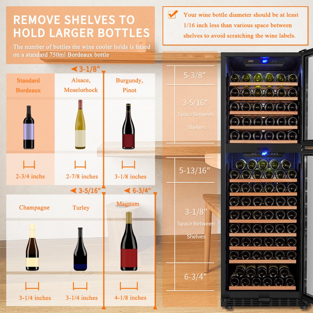 LANBO Red Wine Cooler, 162 Bottle Dual Zone Compressor Wine Refrigerator, Builtin or